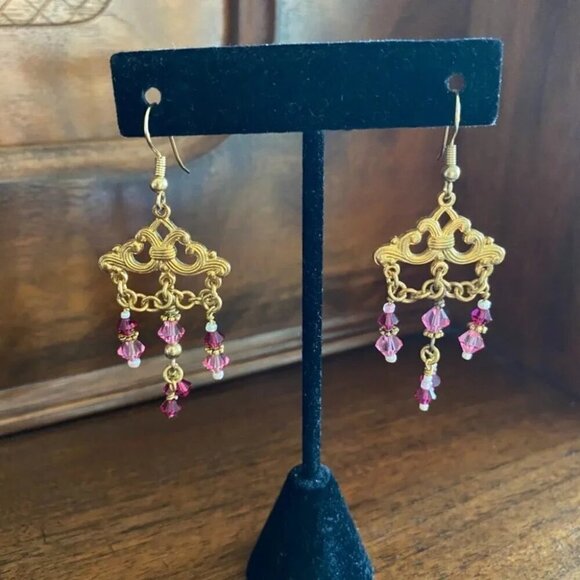 Pink Swarovski Beaded Chandelier Earrings with Gold-tone Victorian Design - Picture 4 of 11